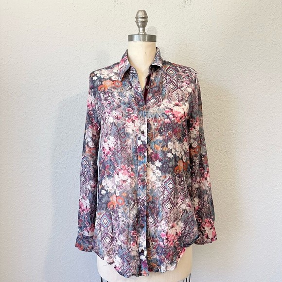 JOHNNY WAS 3J WORKSHOP Floral Print Velvet Button Down Tunic Top Multi - Picture 1 of 10